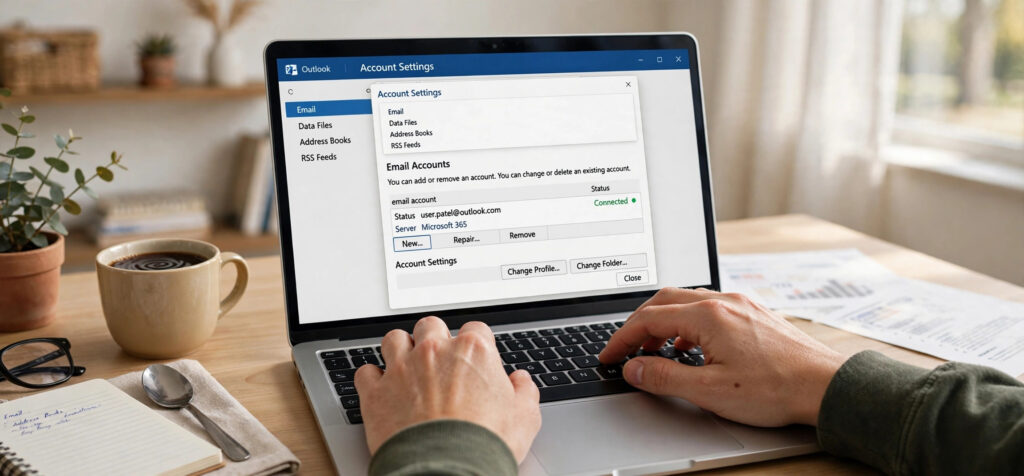 Hands fixing Outlook error PII_EMAIL_C742A940BA384394925D in account settings on laptop