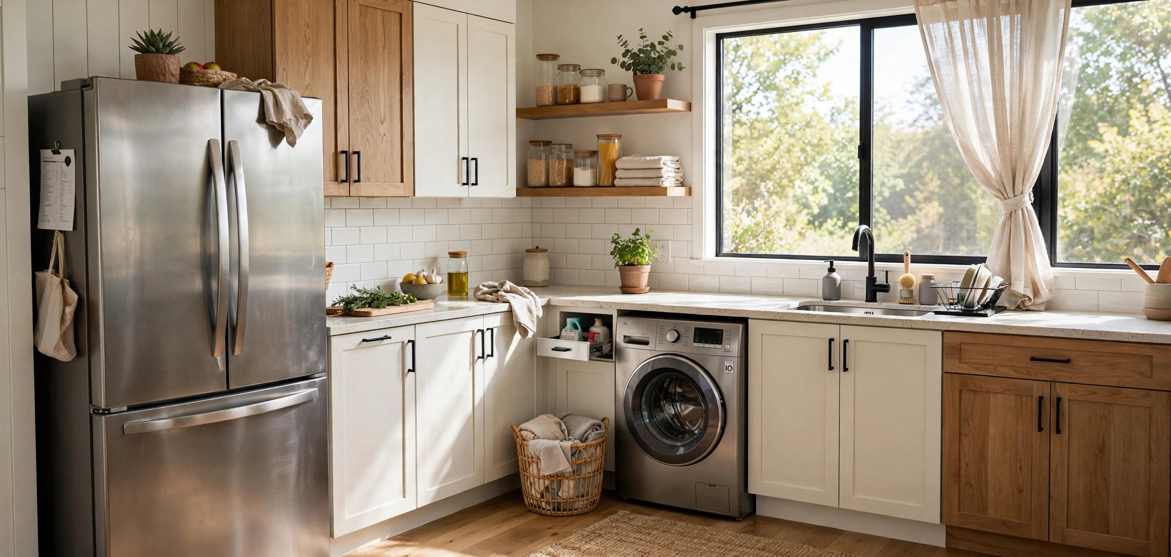 How to make home appliances last longer: modern kitchen with refrigerator and washing machine