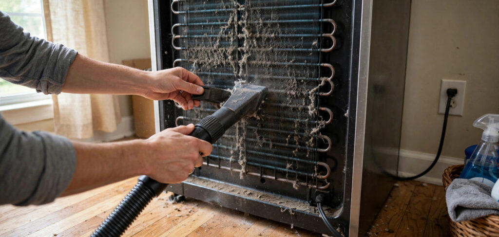 Technician vacuuming dust from refrigerator condenser coils during appliance maintenance