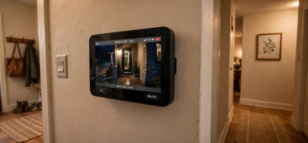 Indoor video door phone monitor mounted on a hallway wall showing the entrance camera view