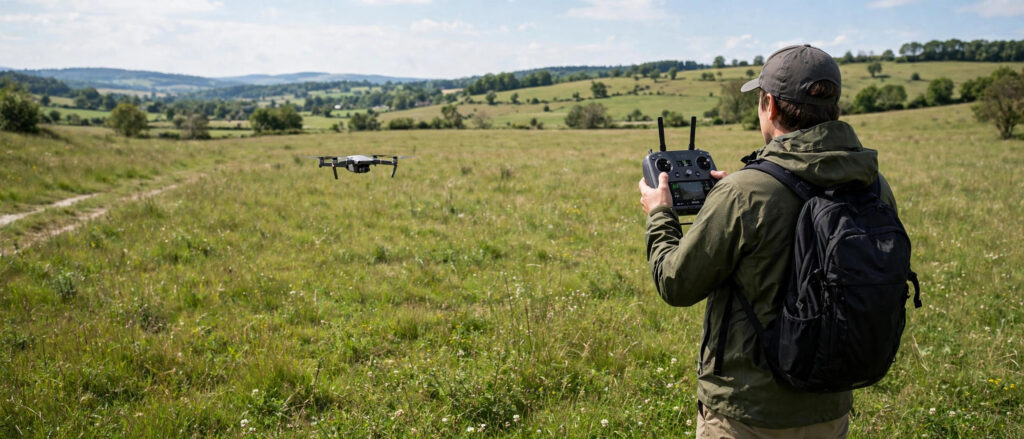 Beginner holding a drone controller with a quadcopter hovering nearby in an open field