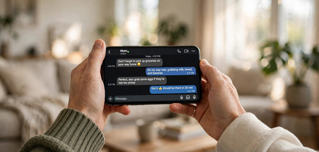Hands holding a smartphone with a direct message chat open, about to unsend a message