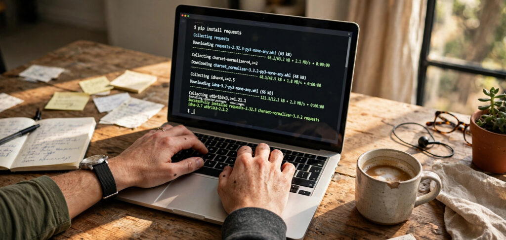 Hands typing pip install command in terminal to fix Python ModuleNotFoundError