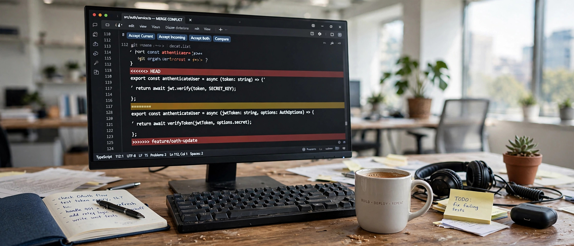 Code editor on monitor showing Git merge conflict markers being resolved step by step