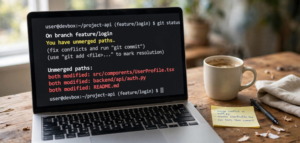 Terminal showing git status with unmerged paths during a Git merge conflict