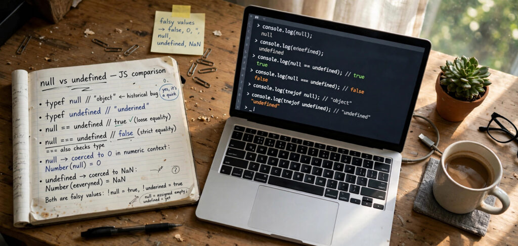Handwritten notes comparing JavaScript null and undefined beside laptop console output