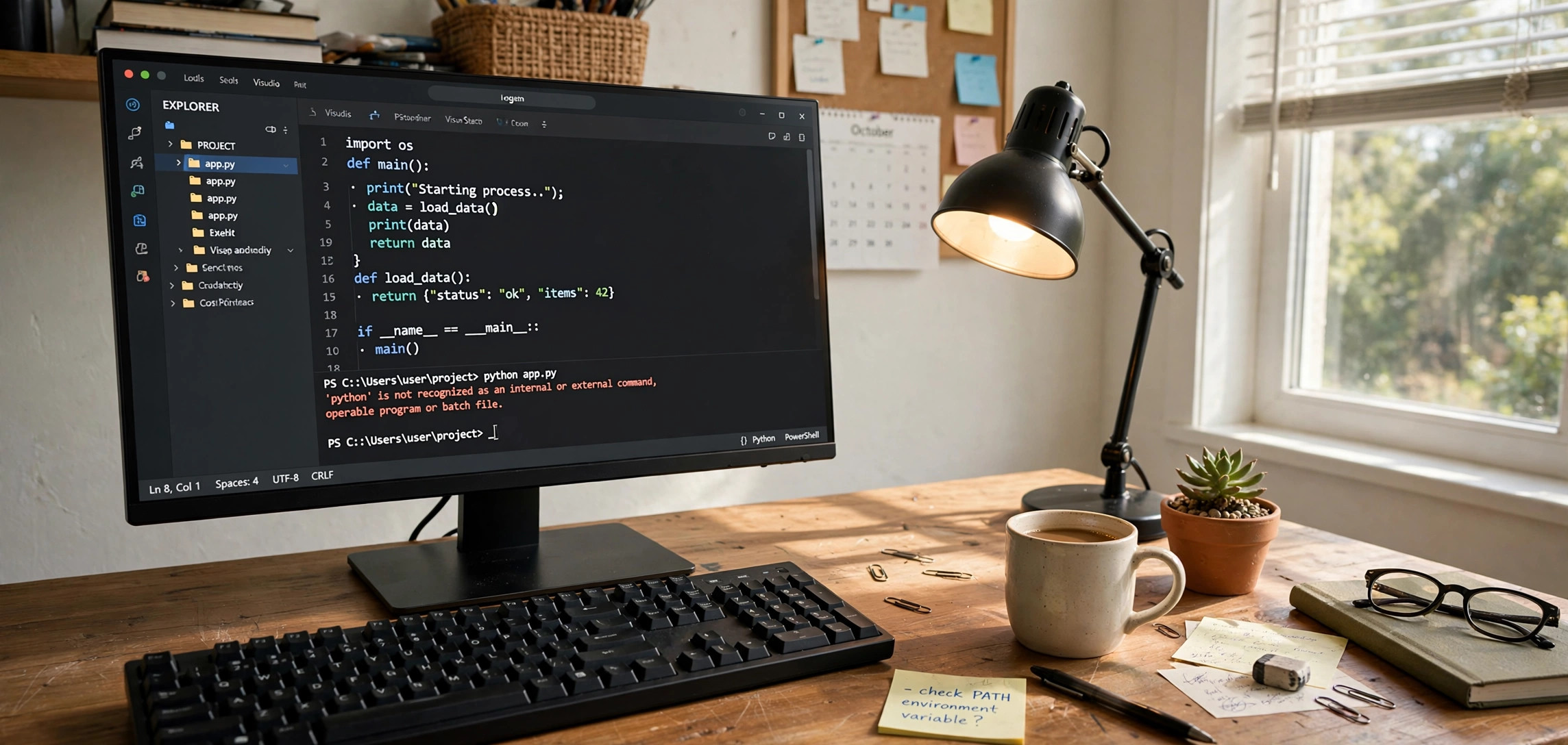 VS Code terminal showing Python not recognized as internal or external command error