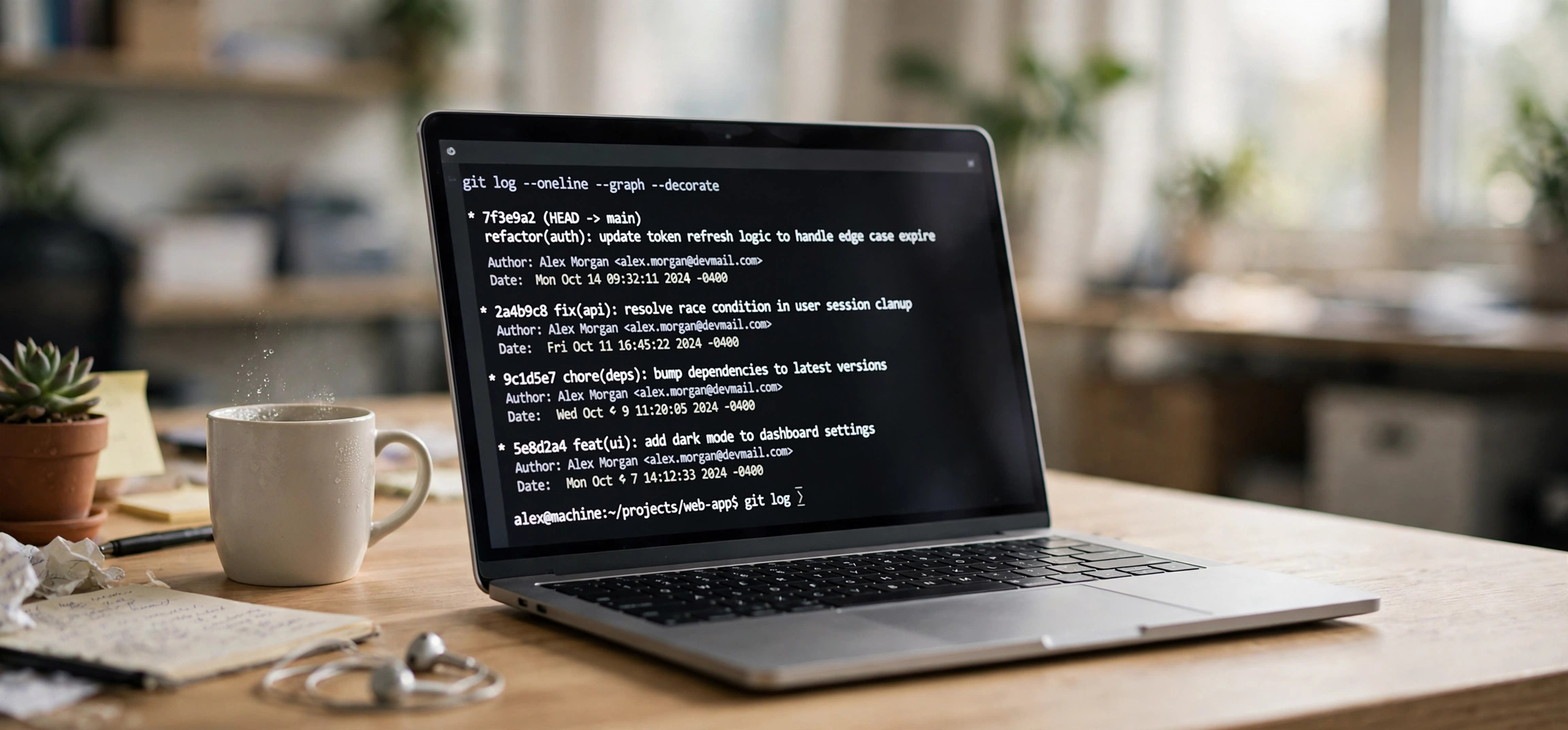 Terminal showing git log commit history before undoing last Git commit safely