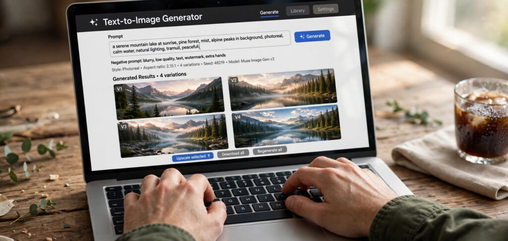 Laptop screen showing an AI image generator creating digital artwork from a text prompt