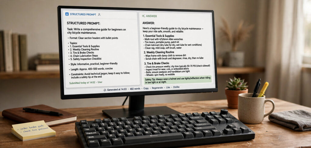 ChatGPT conversation on screen showing a well-written detailed prompt and answer