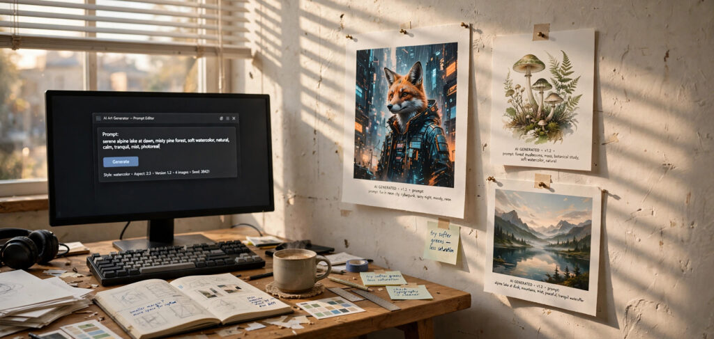 Beginner generating AI images in Canva Magic Media with text prompt examples