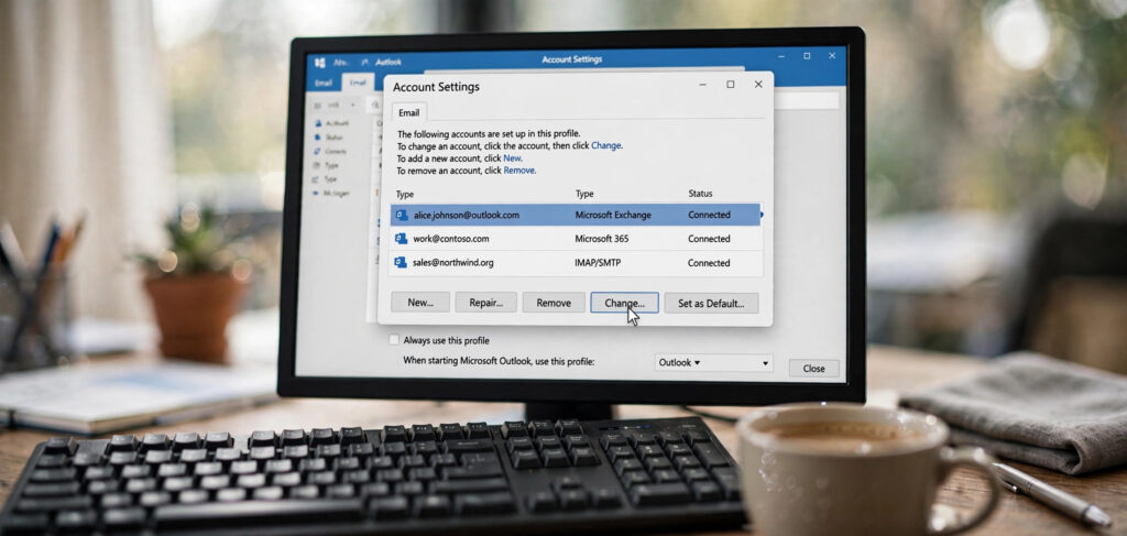Outlook account settings screen showing how to resolve the pii_email_8ca2fcc022248175005f error by fixing account conflicts