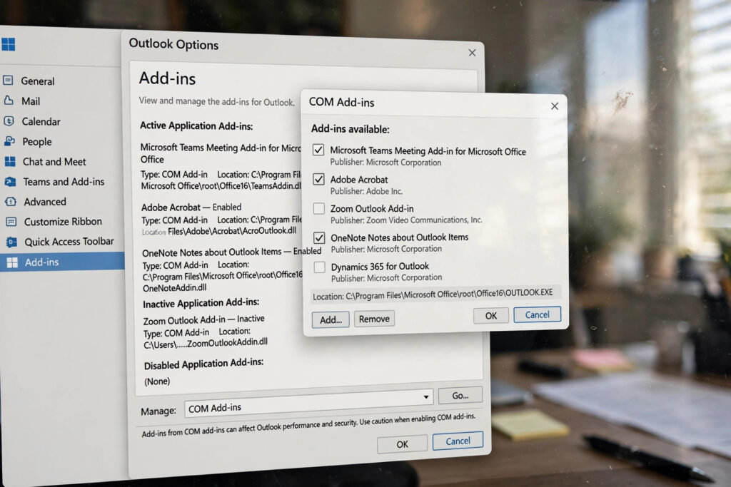 Disable faulty COM add-ins to fix pii_email_bdf13af903a8f5707fb2 in Outlook safe mode