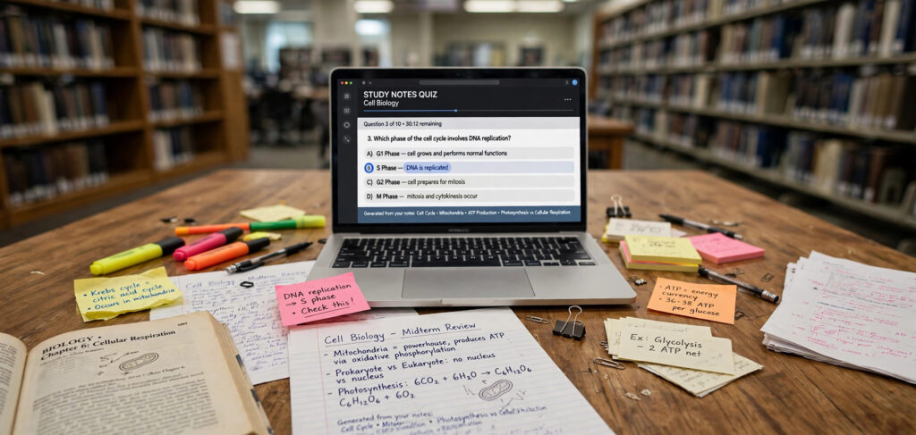 Gemini AI study notes workflow: flashcards and summaries on laptop for exam prep