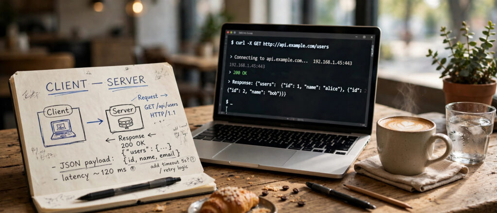 API request and response flow diagram concept shown on developer workspace