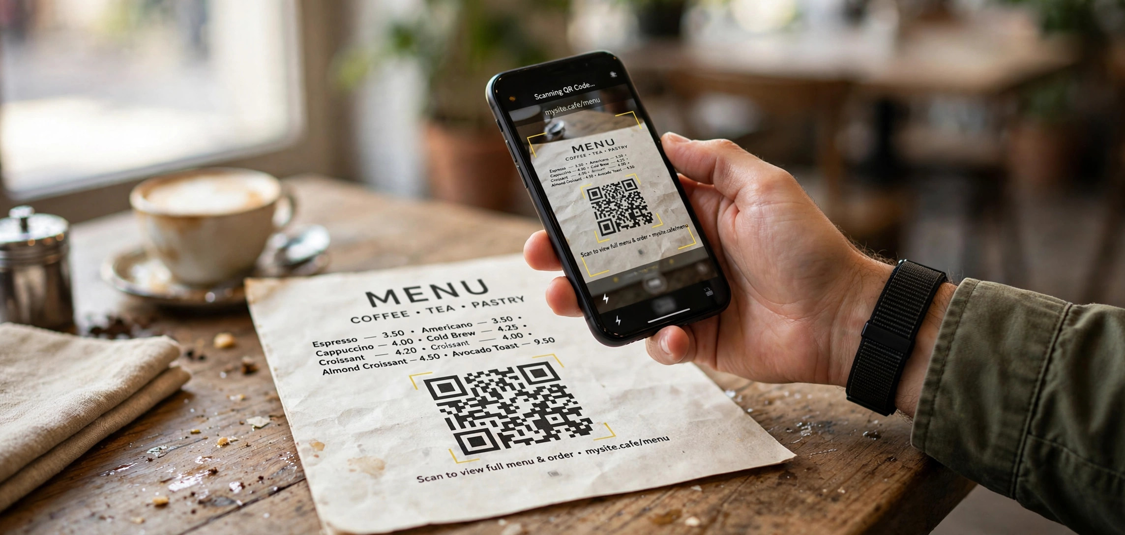 Close-up of a QR code on a smartphone screen being scanned at a cafe table, how QR codes work explained