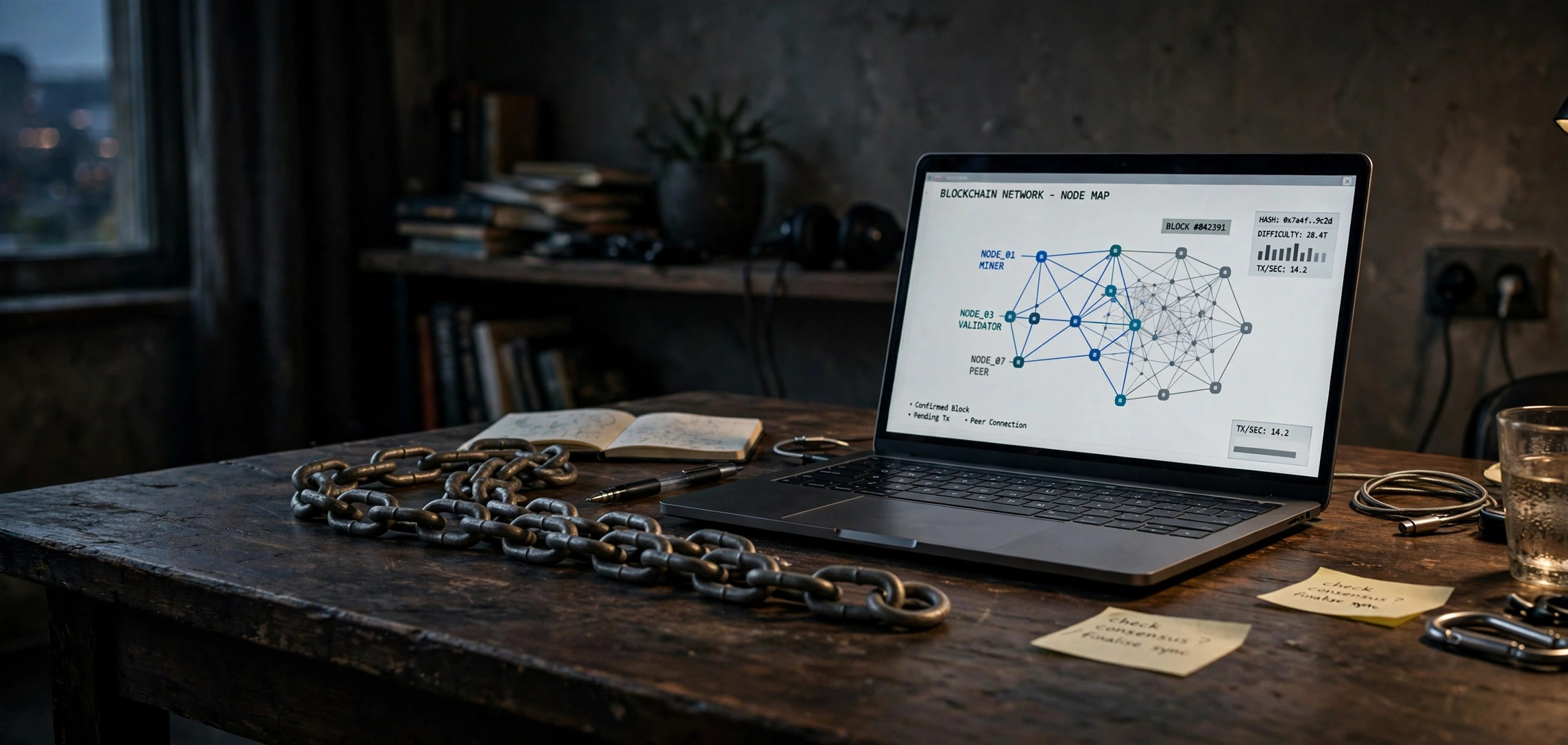 Physical metal chain links on dark desk next to laptop showing blockchain network diagram, how blockchain works