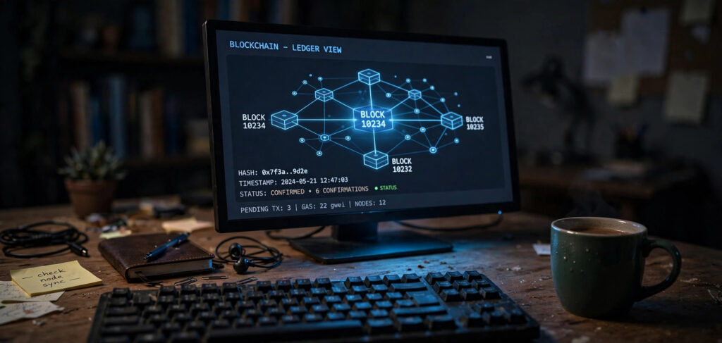 Rows of glowing connected blocks illustration on a monitor in a dim home office, blockchain chain visualization