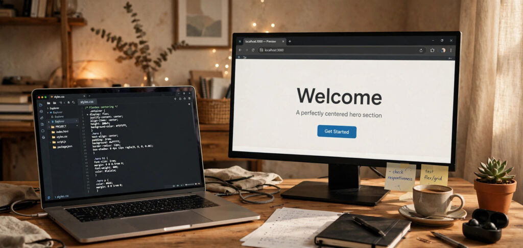 Laptop screen with a centered website hero section design next to CSS flexbox code in an editor