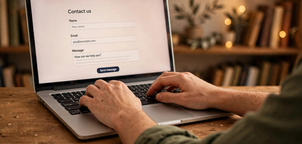 Hands typing on laptop keyboard with a simple contact form UI visible on screen in a home office