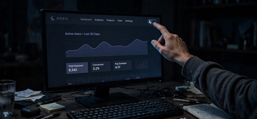 Finger about to click a moon-shaped dark mode toggle button on a website header at night