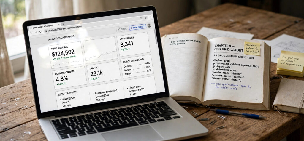 CSS Grid dashboard layout with spanning cards shown on a laptop screen