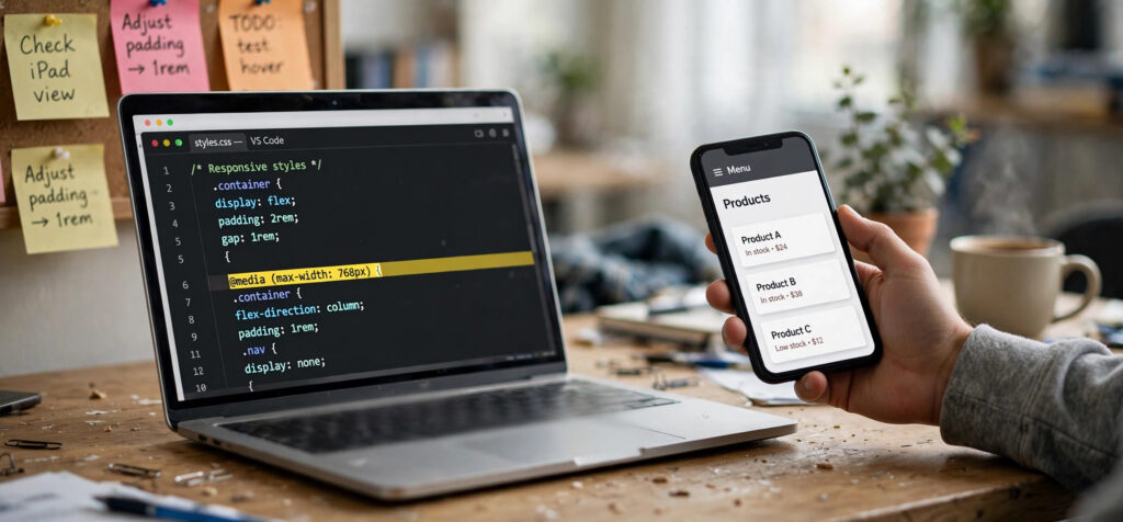 Phone beside code editor with CSS media queries for a responsive website layout