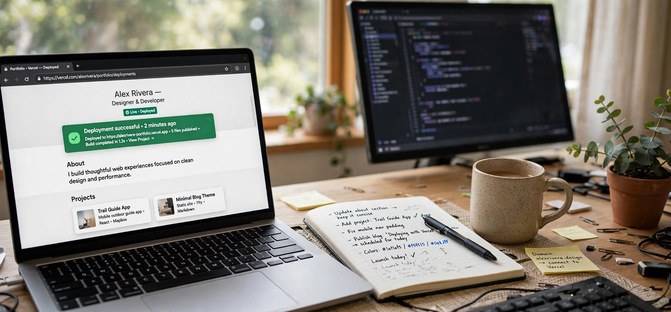How to host a static website for free: laptop showing a deployed portfolio site on a bright desk