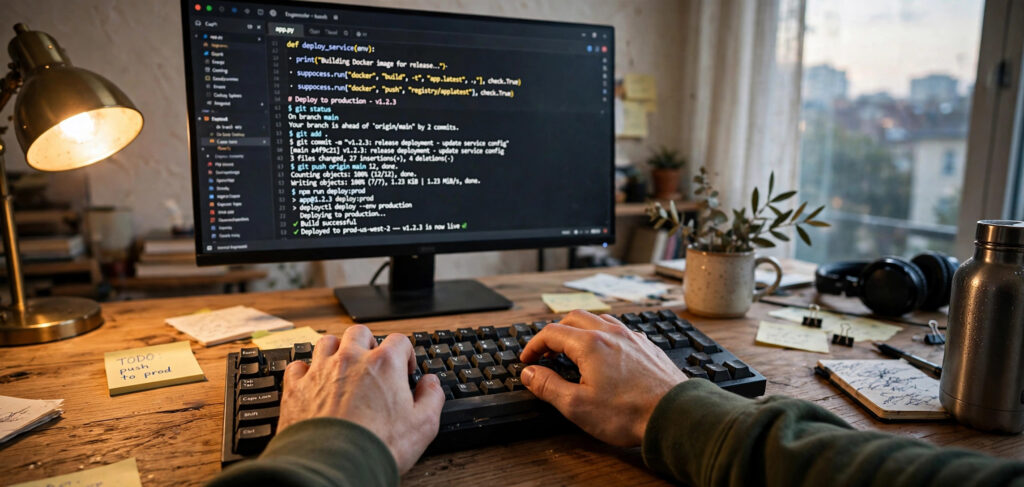 Running free static website deployment commands in a terminal on a home office monitor
