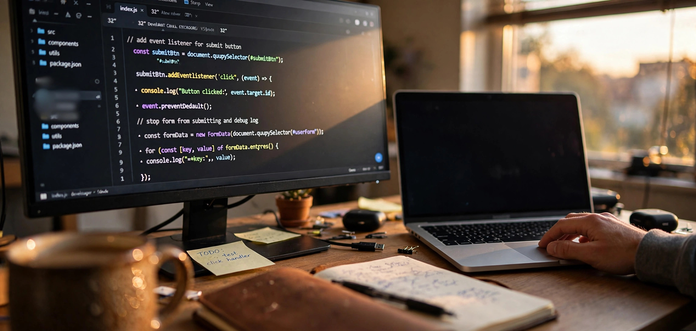 JavaScript addEventListener explained with examples - code editor showing event listener code on a monitor