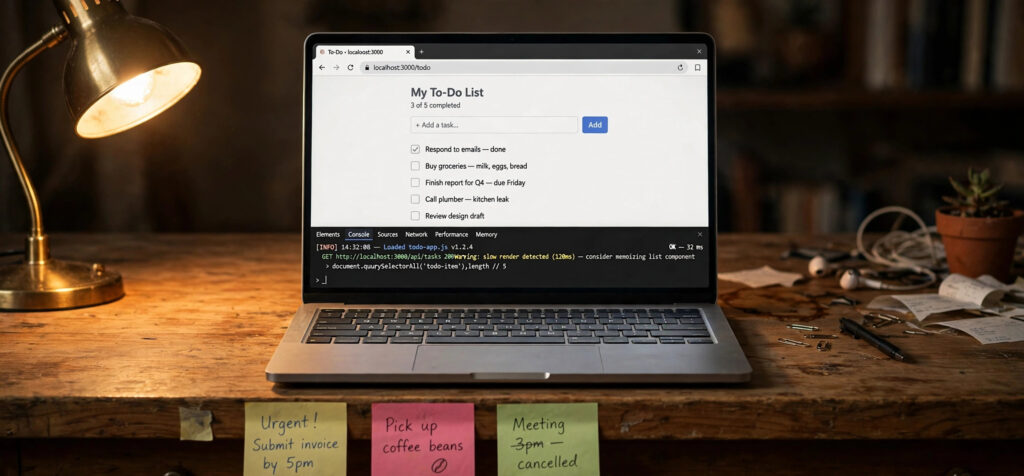 Testing a JavaScript addEventListener example with a to-do list and browser console open
