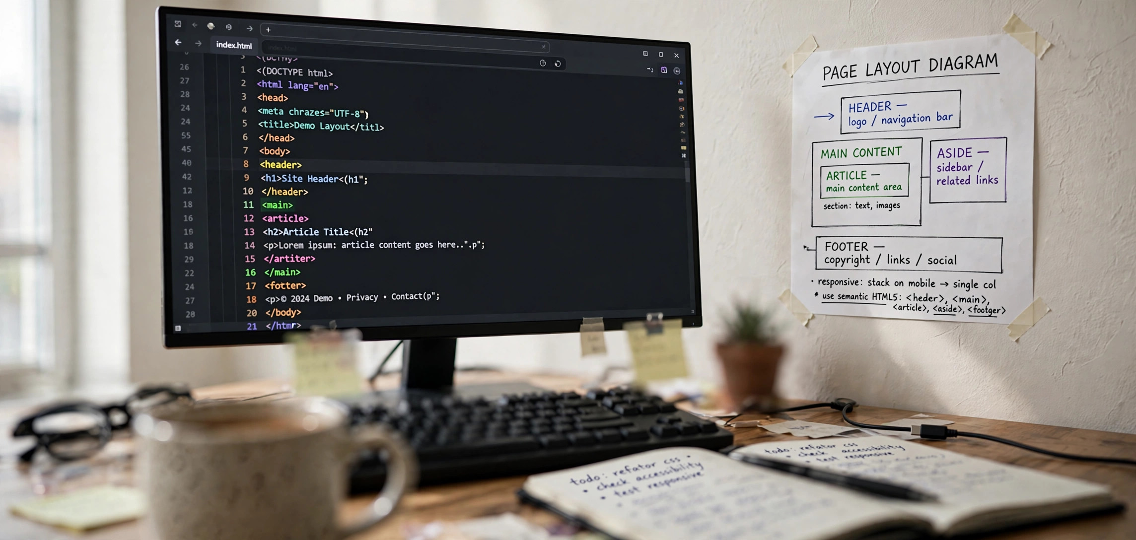 HTML semantic tags explained with examples shown on a code editor over a developer desk