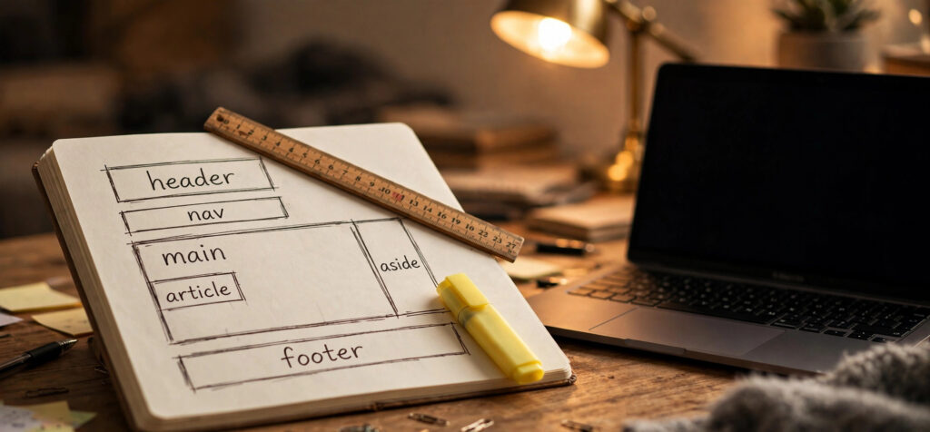 Hand-drawn semantic HTML page layout diagram labeling header nav main and footer regions