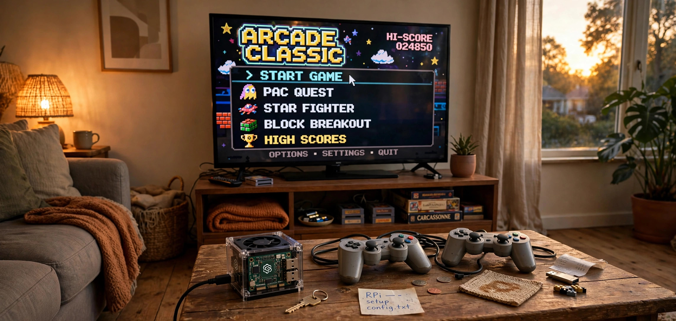 TV showing retro game menu from Raspberry Pi retro gaming console build