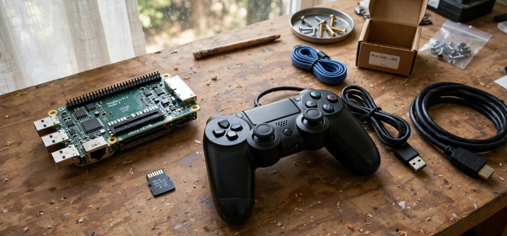Raspberry Pi parts laid out for building a retro gaming console