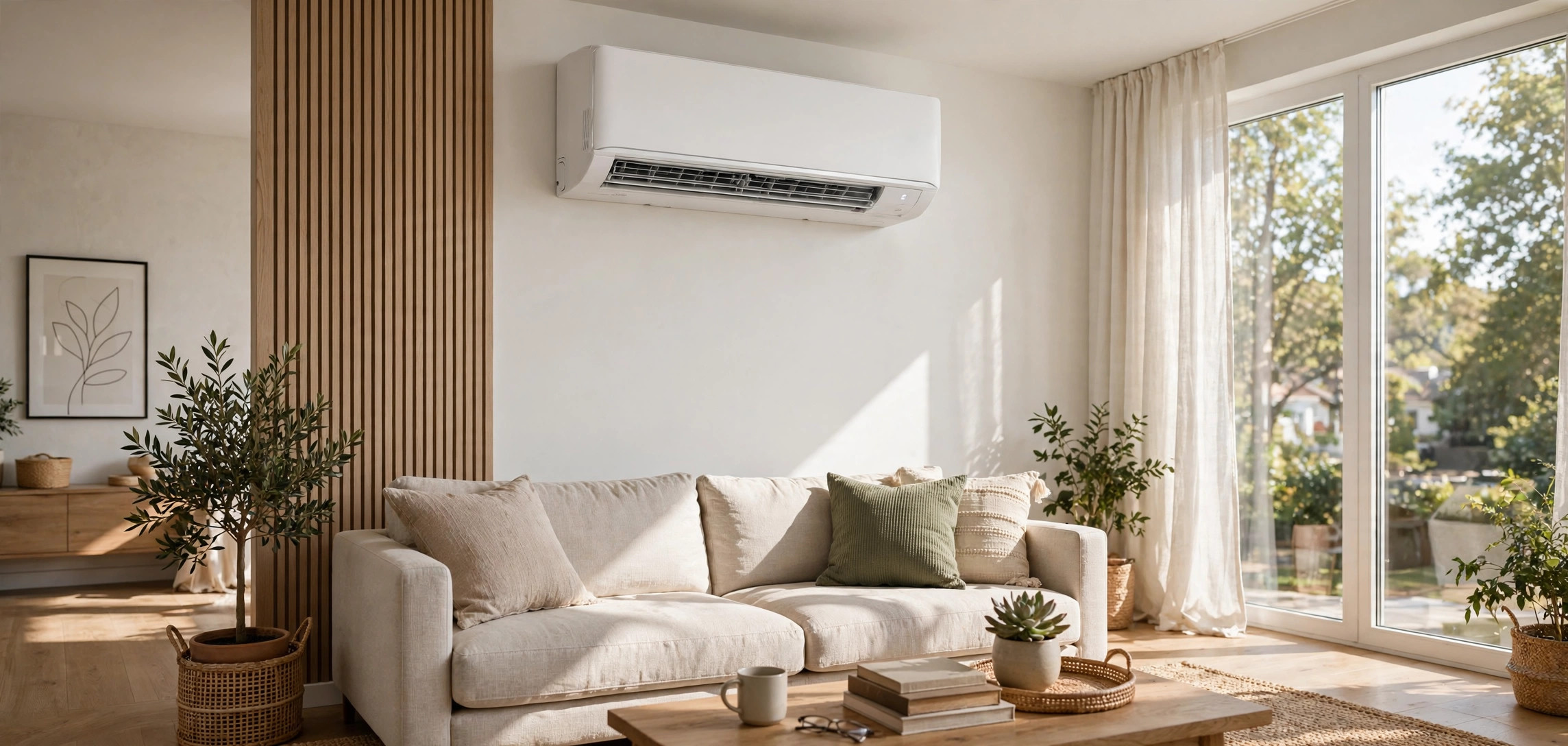 Air conditioner buying guide: modern split AC indoor unit mounted on a living room wall
