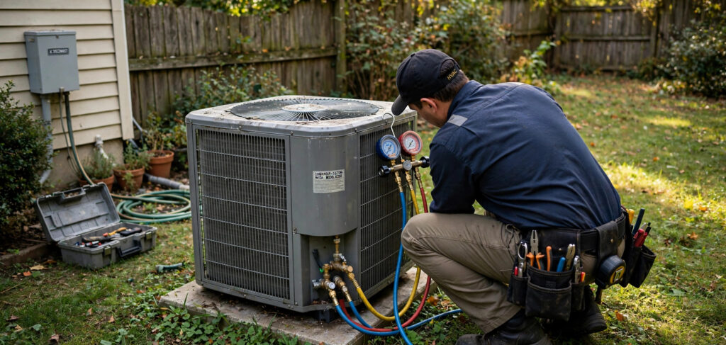 Technician servicing an outdoor air conditioner condenser unit with pressure gauges