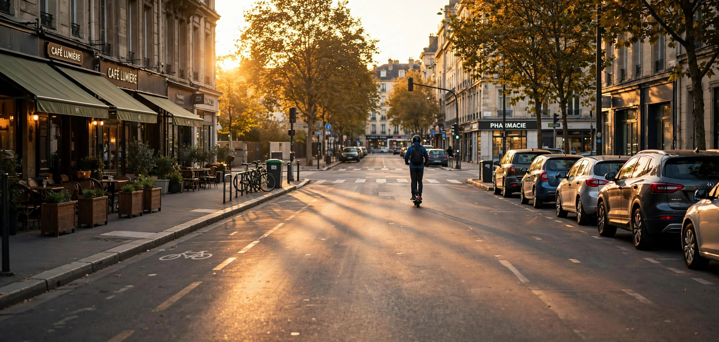 Benefits of buying an electric scooter: rider commuting on an e-scooter through a city street