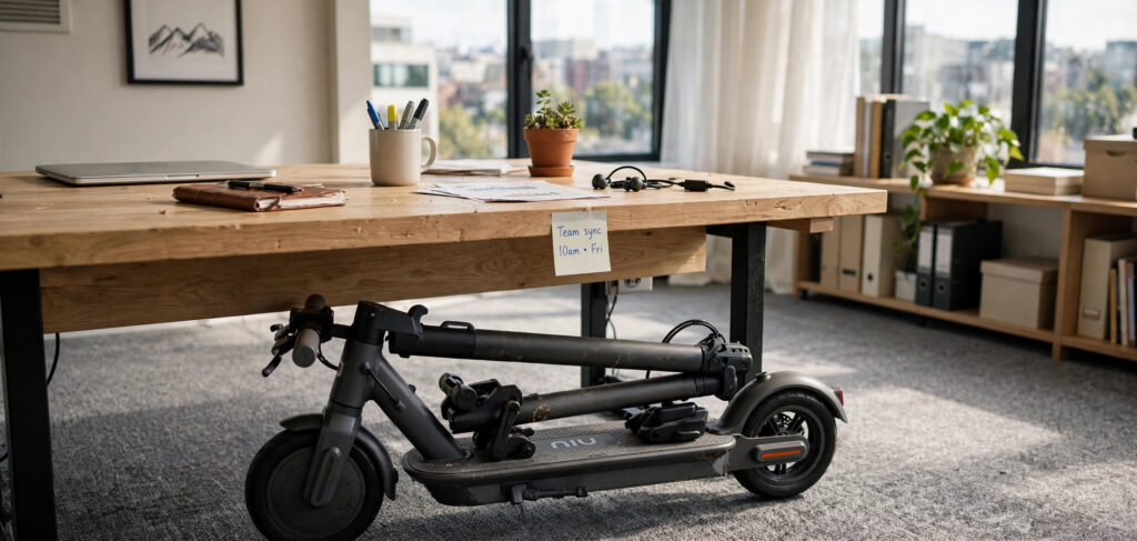Folded electric scooter stored under an office desk showing its portable commuter design